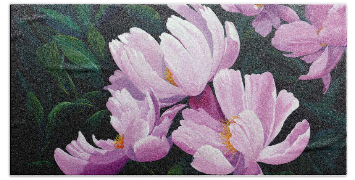 Peony Bath Towel featuring the painting Pink Windflower Peonies by Karen Mattson