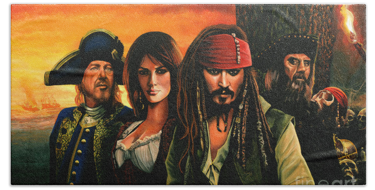 Pirates Of The Caribbean Bath Towel featuring the painting Pirates of the Caribbean by Paul Meijering