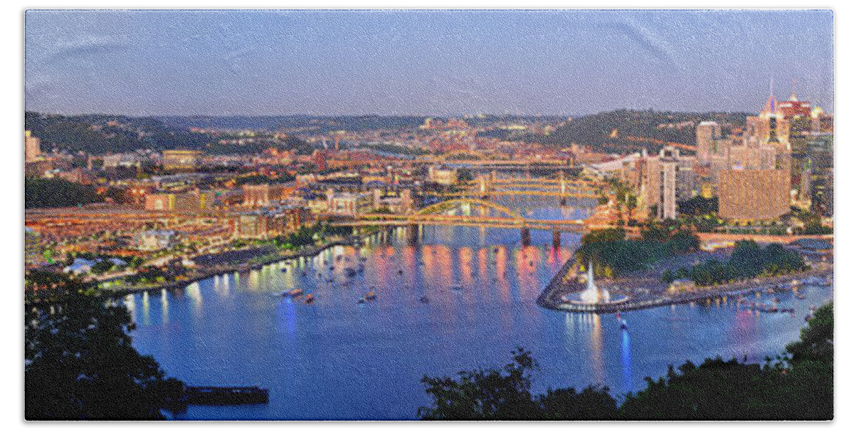 Pittsburgh Skyline Bath Sheet featuring the photograph Pittsburgh Pennsylvania Skyline at Dusk Sunset Extra Wide Panorama by Jon Holiday