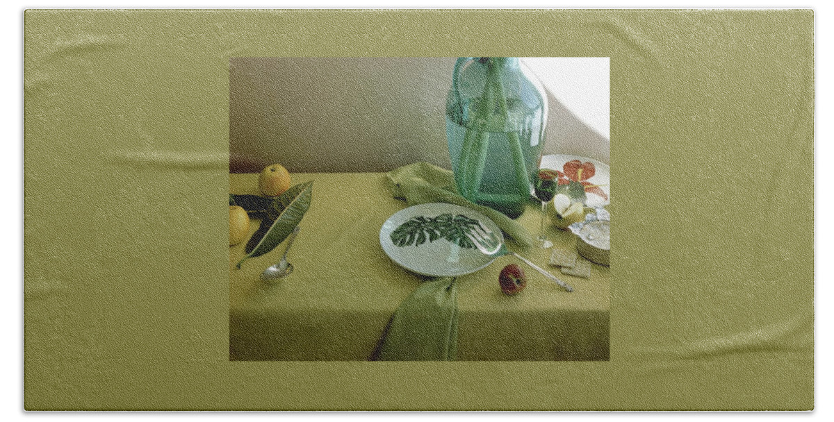 Plates, Apples And A Vase On A Green Tablecloth Hand Towel