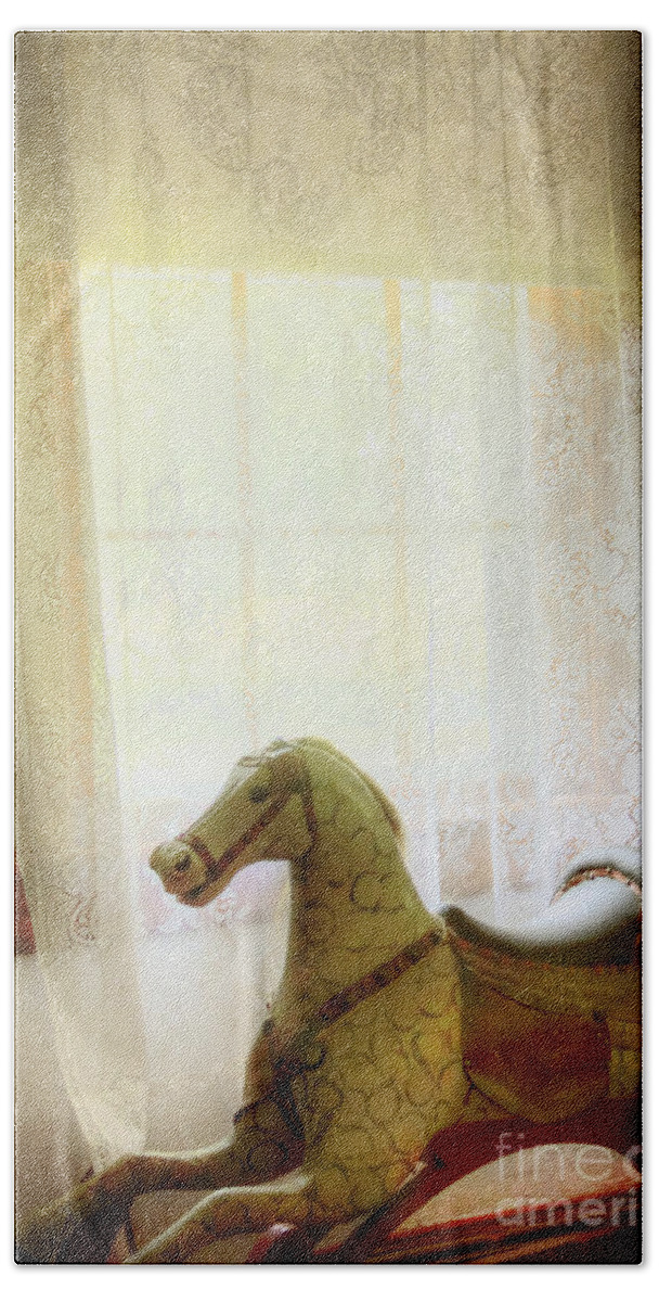 Rocking Horse; Toy; Wood; Vintage; Old; Child; Dark; Alone; Interior; Inside; Indoors; Room; Window; Lace; Drape; Curtain; Bright; Shadows; Wooden; Painted Hand Towel featuring the photograph Play Room by Margie Hurwich
