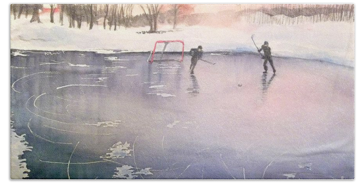 Ice Hockey Hand Towel featuring the painting Playing on Ice by Yoshiko Mishina