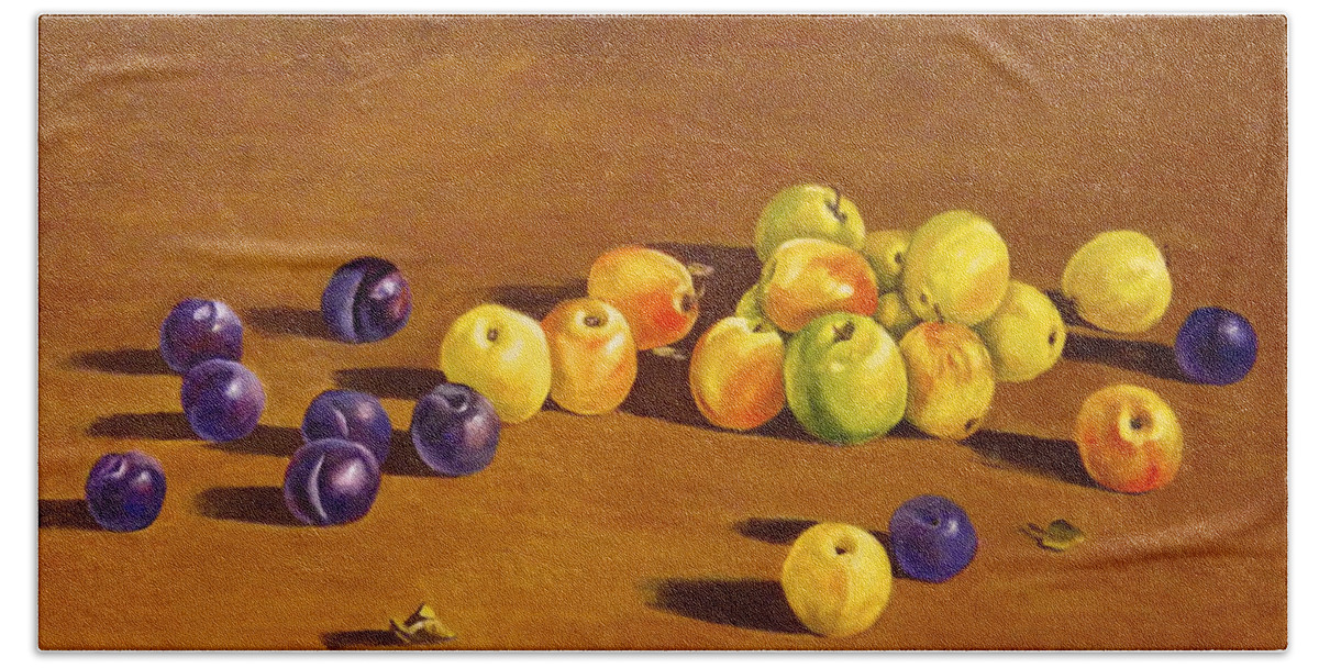 Fruit Bath Towel featuring the painting Plums and Apples Still Life by Ingrid Dohm
