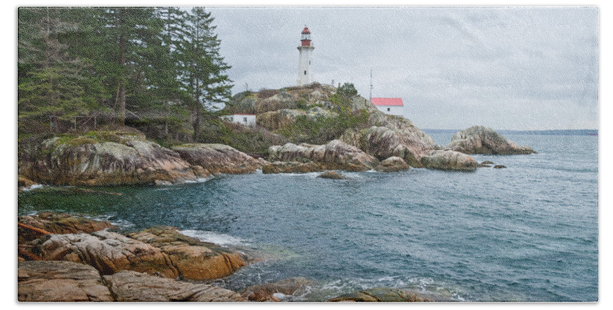 Architecture Bath Towel featuring the photograph Point Atkinson Lighthouse and Rocky Shore by Jeff Goulden
