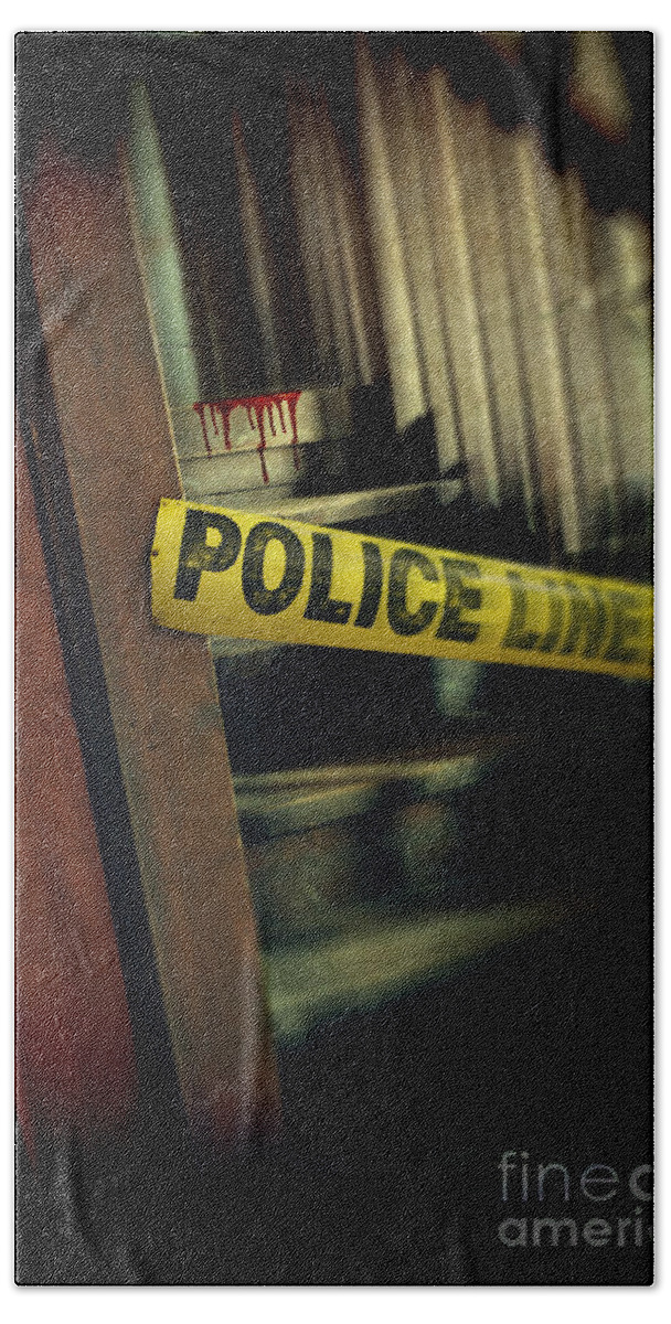 Police Bath Towel featuring the photograph Police Tape Blocking Bloody Stairs by Jill Battaglia