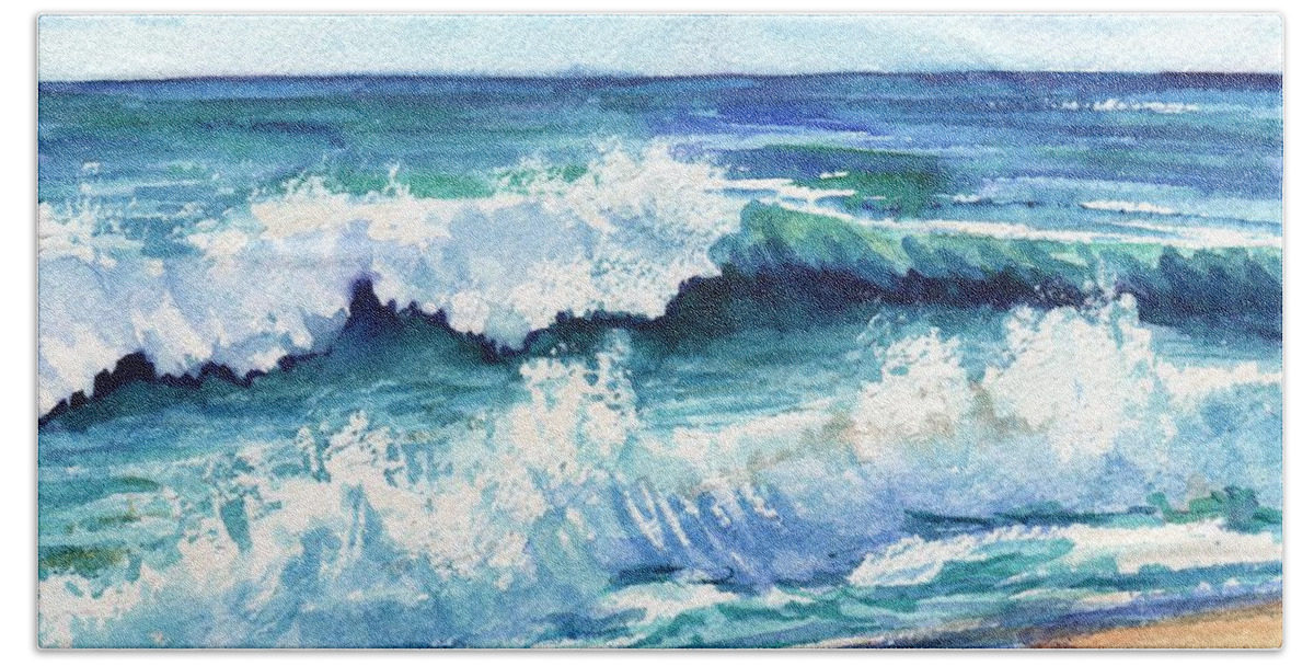 Ocean Waves Bath Towel featuring the painting Polihale Waves by Marionette Taboniar