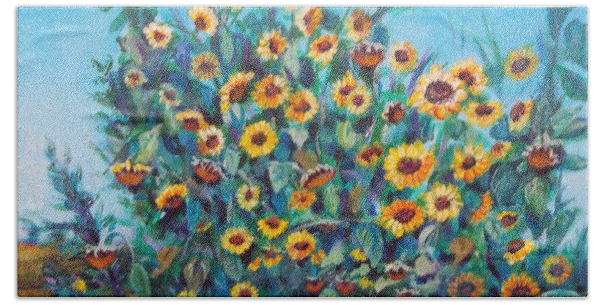 Sunflowers Bath Towel featuring the painting Polk Farm Sunflowers by Linda Markwardt