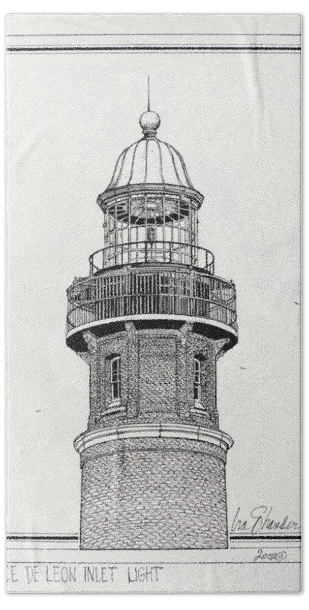 Ponce De Leon Inlet Lighthouse Bath Towel featuring the drawing Ponce De Leon Inlet Lighthouse by Ira Shander