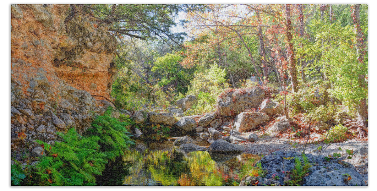 Hint Of Fall Hand Towel featuring the photograph Pond at lost Maples by Savannah Gibbs