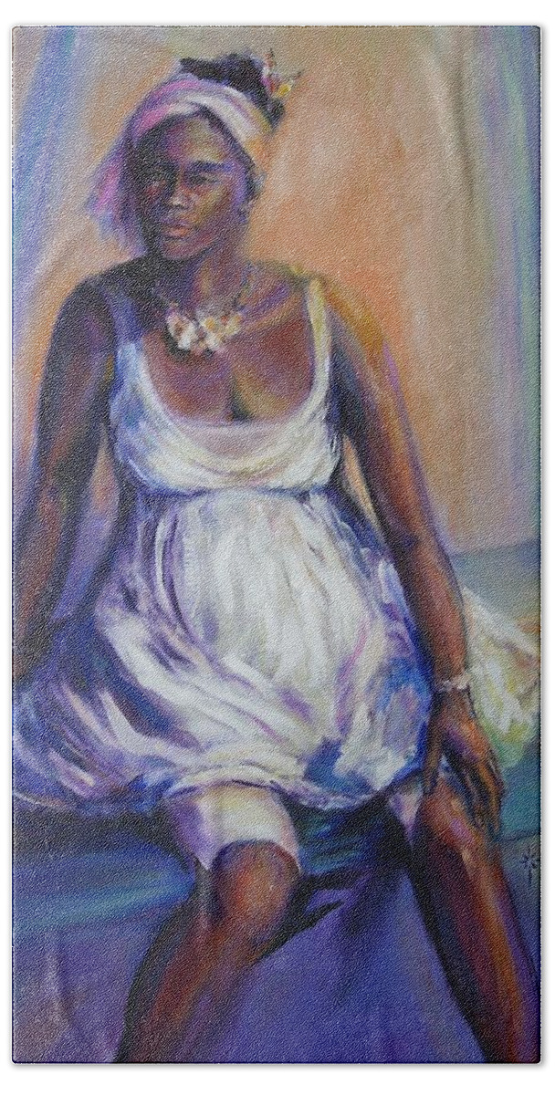 African American Bath Towel featuring the painting Pondering The Future by Jodie Marie Anne Richardson Traugott     aka jm-ART