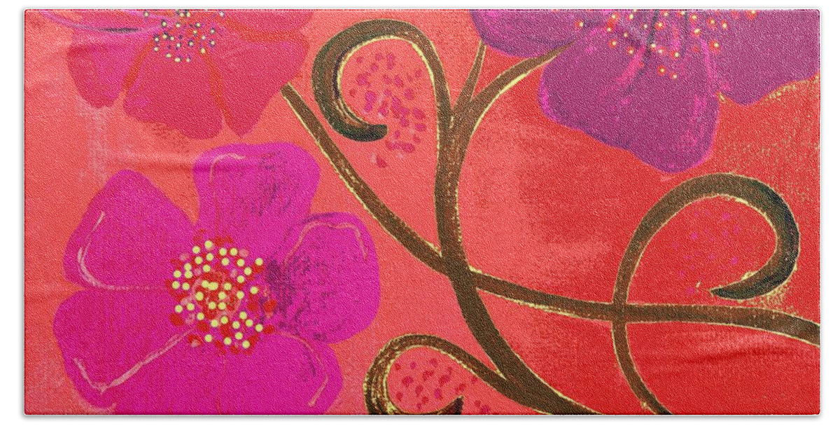 Digitized Bath Towel featuring the painting Pop Spring Purple Flowers by Linda Bailey
