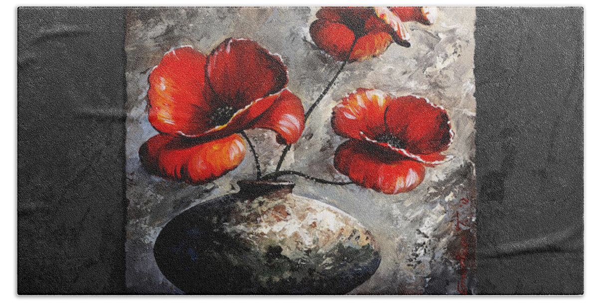 Abstract Hand Towel featuring the painting Poppies 02 - Style Black White and Red by Emerico Imre Toth