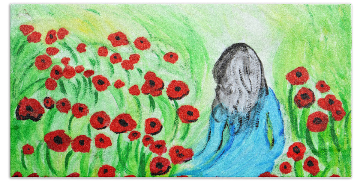 Poppies Hand Towel featuring the painting Poppies Field Illusion by Ramona Matei