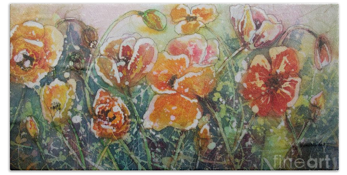 Poppy Bath Towel featuring the painting Poppy Field by Carol Losinski Naylor