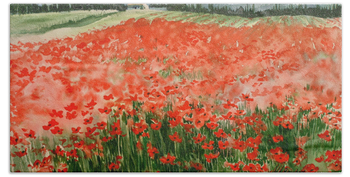 Watercolors Hand Towel featuring the painting Poppy Field by Maryann Boysen