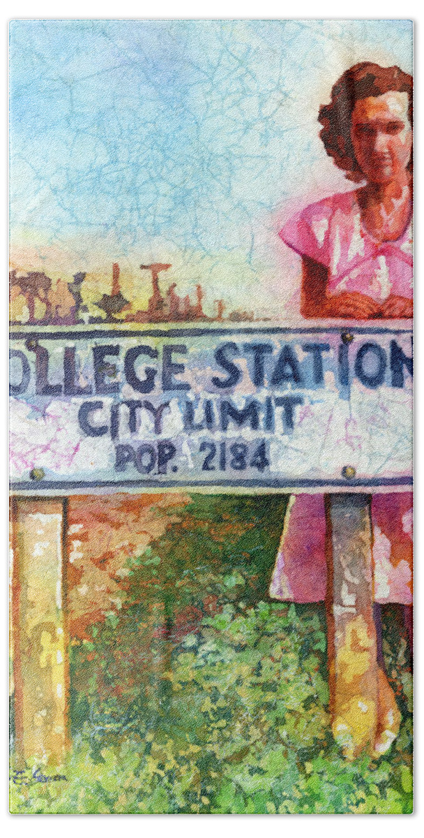 College Station Hand Towel featuring the painting Population 2184 by Hailey E Herrera