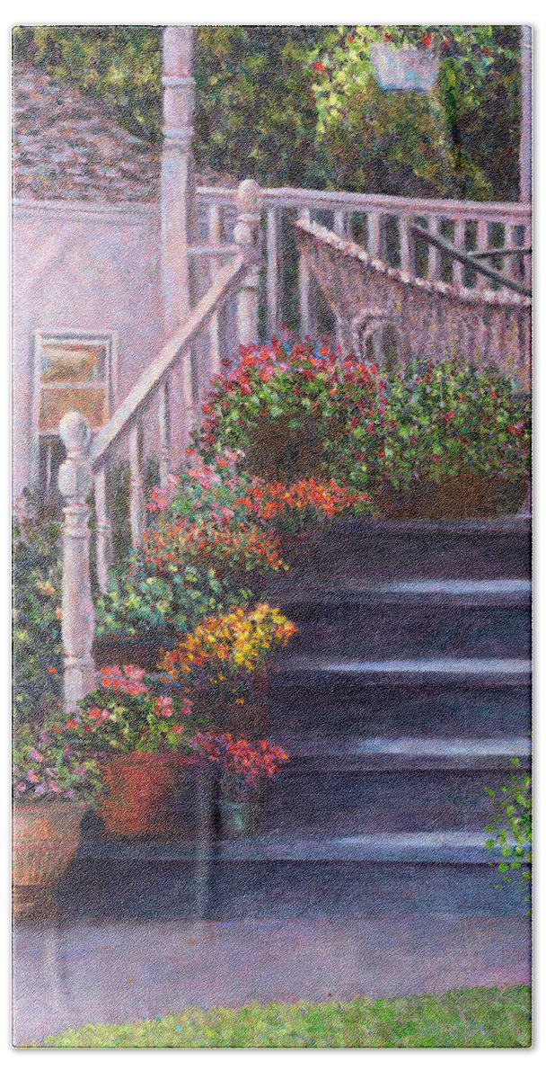 Porch Hand Towel featuring the painting Porch with Watering Cans by Susan Savad