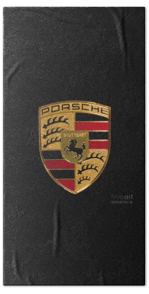 Porsche Bath Sheet featuring the photograph Porsche Emblem - Black by Scott Cameron
