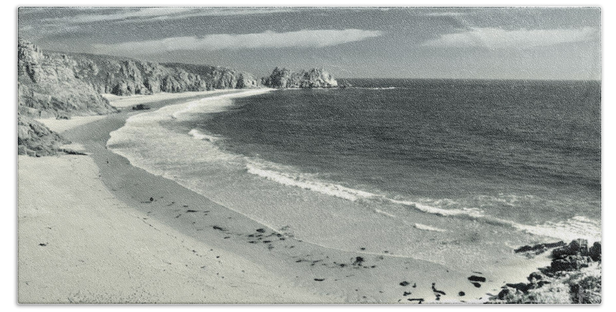 Porthcurno Hand Towel featuring the photograph Porthcurno Beach Blues by Rob Hawkins