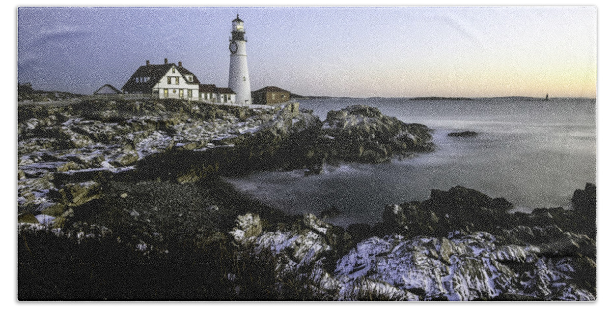 Portland Hand Towel featuring the photograph Portland Head Lighthouse at Dawn by Betty Denise