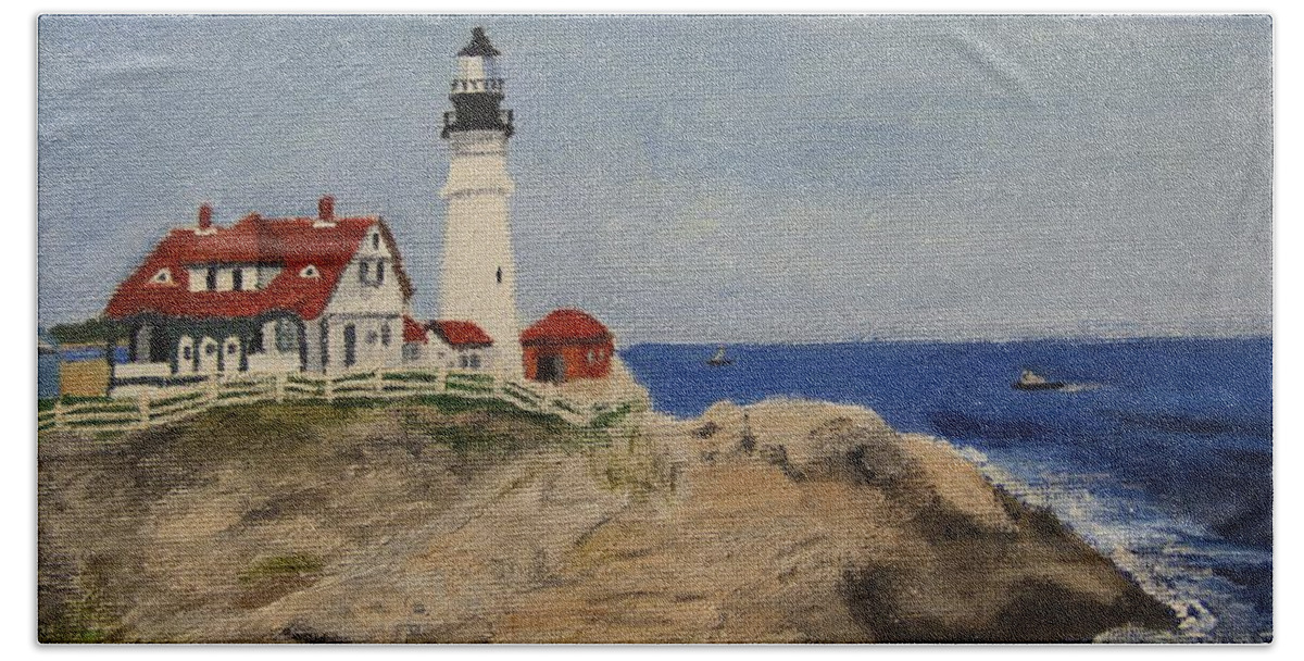 Lighthouse Bath Towel featuring the painting Portland Head Lighthouse in Maine by Marina McLain