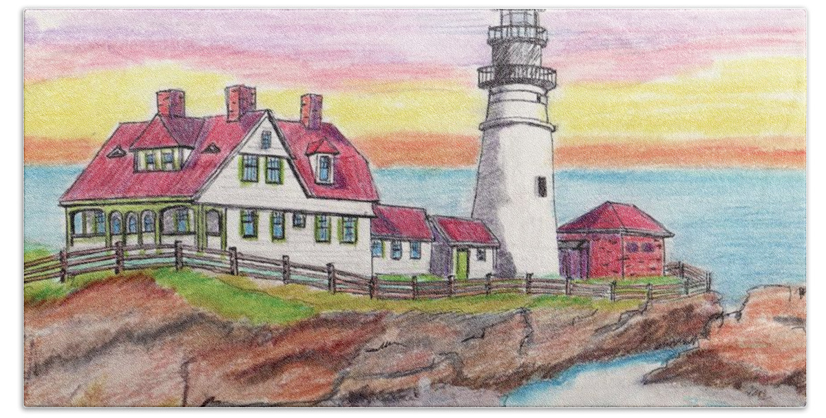 Paul Meinerth Artist Bath Towel featuring the drawing Portland ME Lighthouse by Paul Meinerth