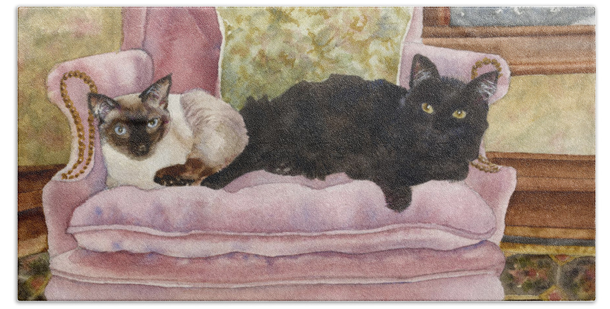 Cats Painting Bath Towel featuring the painting Portrait in Pink by Anne Gifford