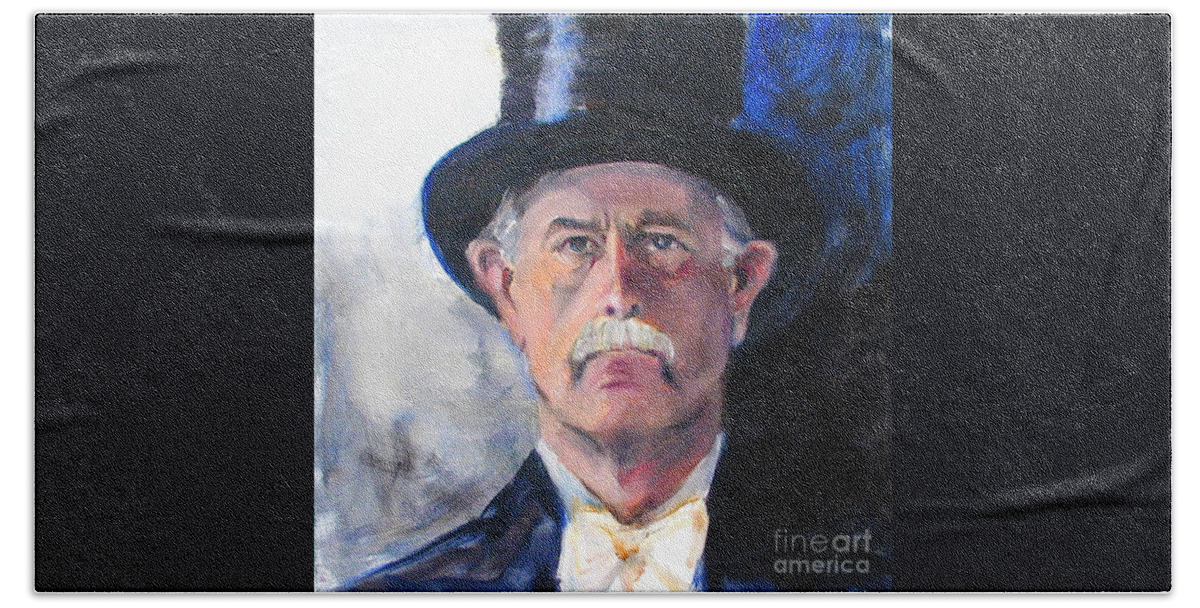 Portrait Painting Of Man Hand Towel featuring the painting Portrait of a man in top hat by Greta Corens