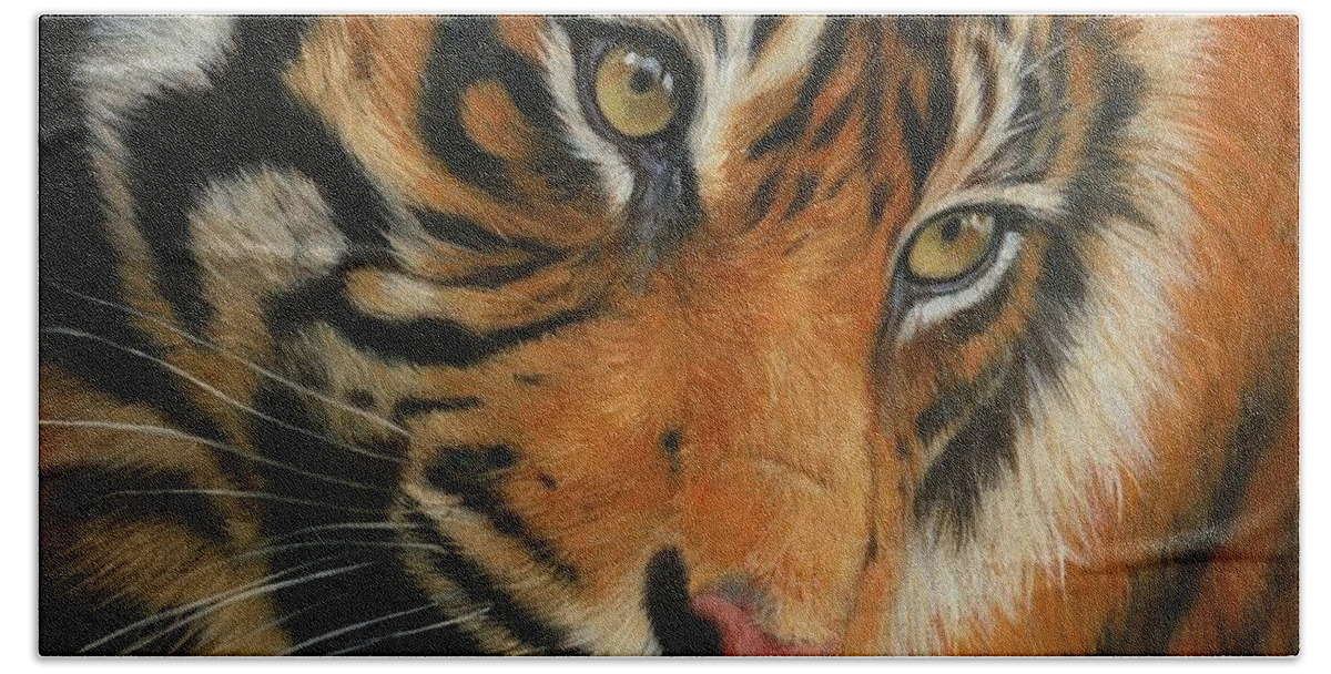 Tiger Hand Towel featuring the painting Portrait of a Tiger by David Stribbling