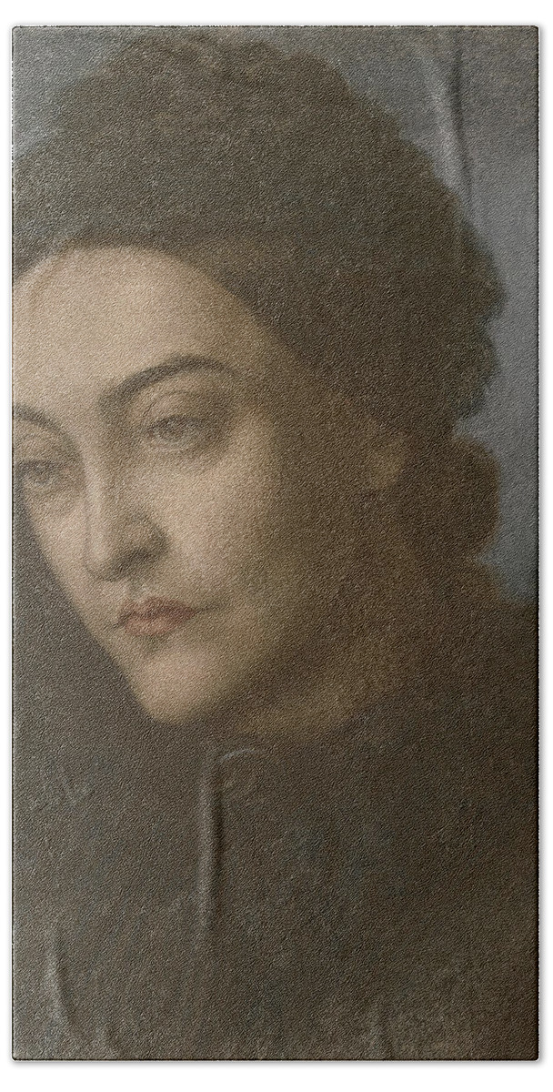 Female Bath Towel featuring the drawing Portrait Of Christina Rossetti, Head by Dante Gabriel Charles Rossetti