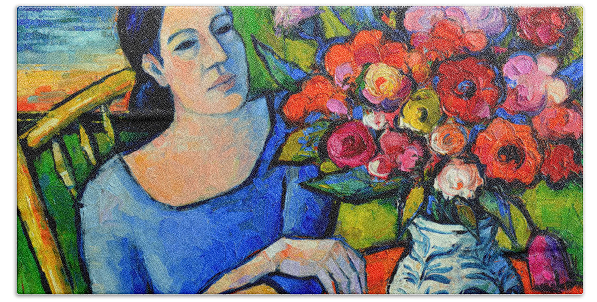 Portrait Of Woman With Flowers Hand Towel featuring the painting Portrait Of Woman With Flowers by Mona Edulesco
