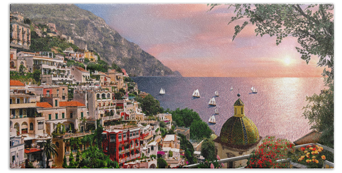 Positano Hand Towel featuring the digital art Positano by MGL Meiklejohn Graphics Licensing