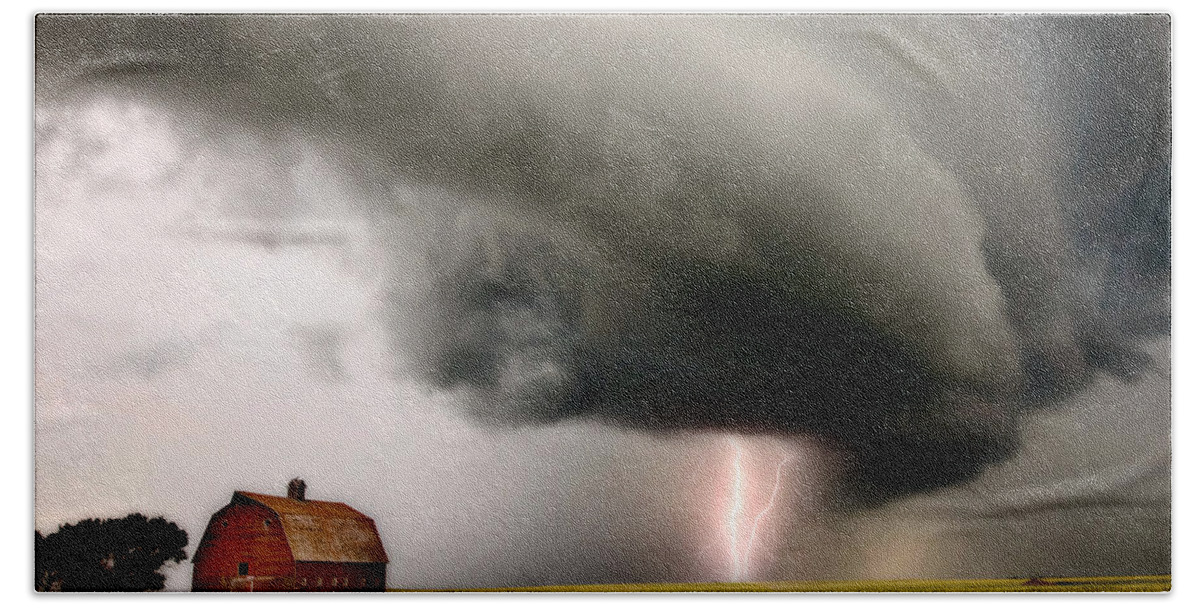 Storm Hand Towel featuring the photograph Prairie Storm Clouds lightning storm by Mark Duffy