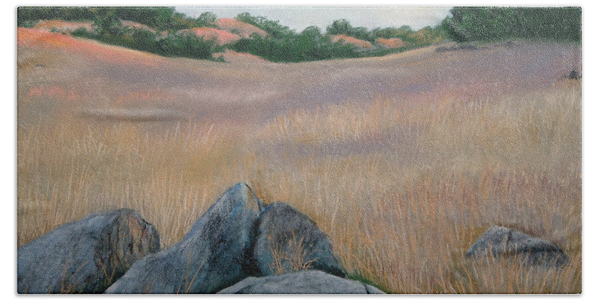Julian California Meadow Rocks Sunset Golden Nature Landscape Peaceful Hand Towel featuring the pastel Prairie Sunset by Brenda Salamone