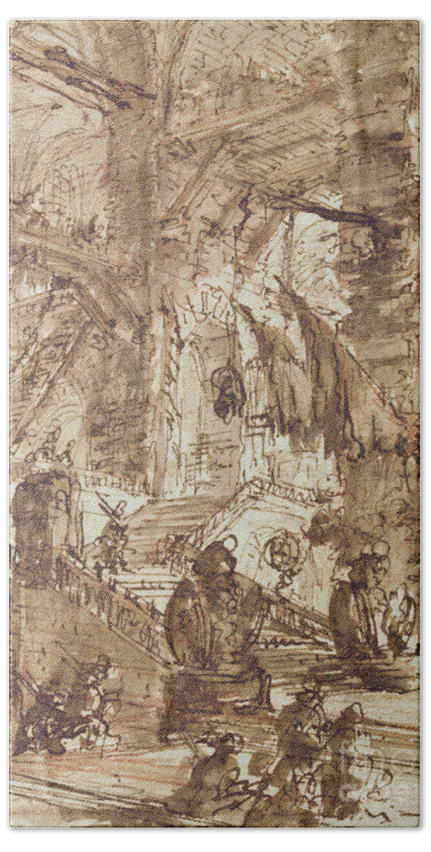 Prison; Gaol; Jail; Incarceration; Dungeon; Imaginary; Fantastic Hand Towel featuring the drawing Preparatory drawing for plate number VIII of the Carceri al'Invenzione series by Giovanni Battista Piranesi