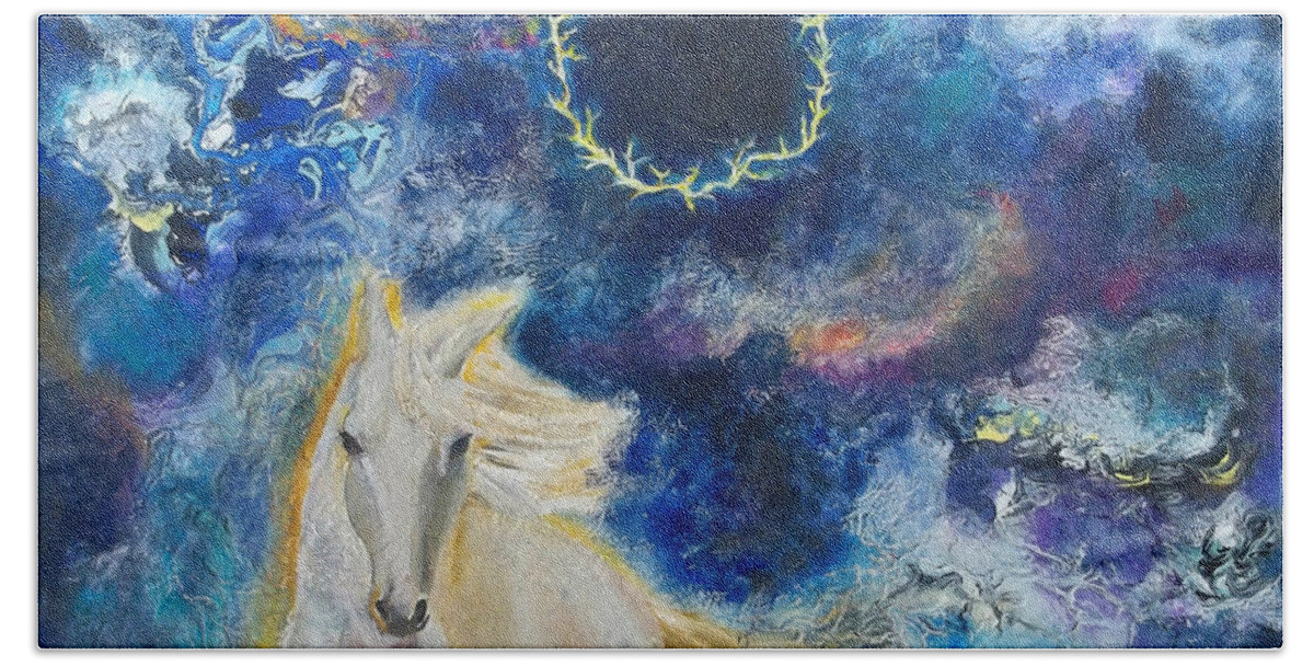 Prophetic Hand Towel featuring the painting Prophetic Message Sketch Painting 6 Ring of Lightning White Horse by Anne Cameron Cutri