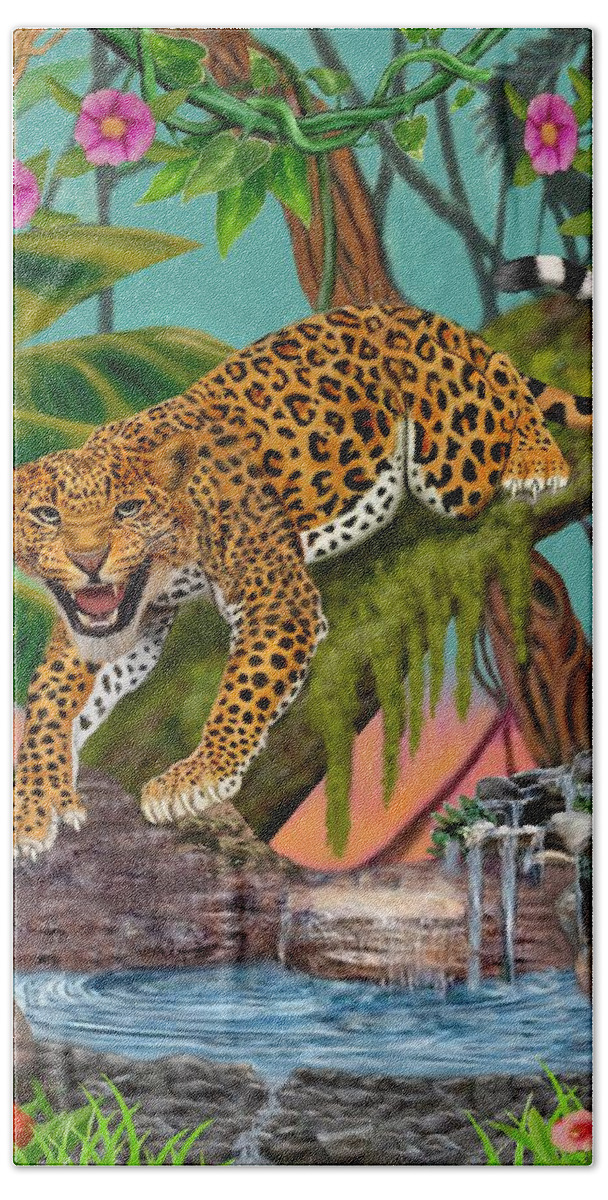 Jungle Landscape Bath Towel featuring the digital art Prowling Leopard by Glenn Holbrook