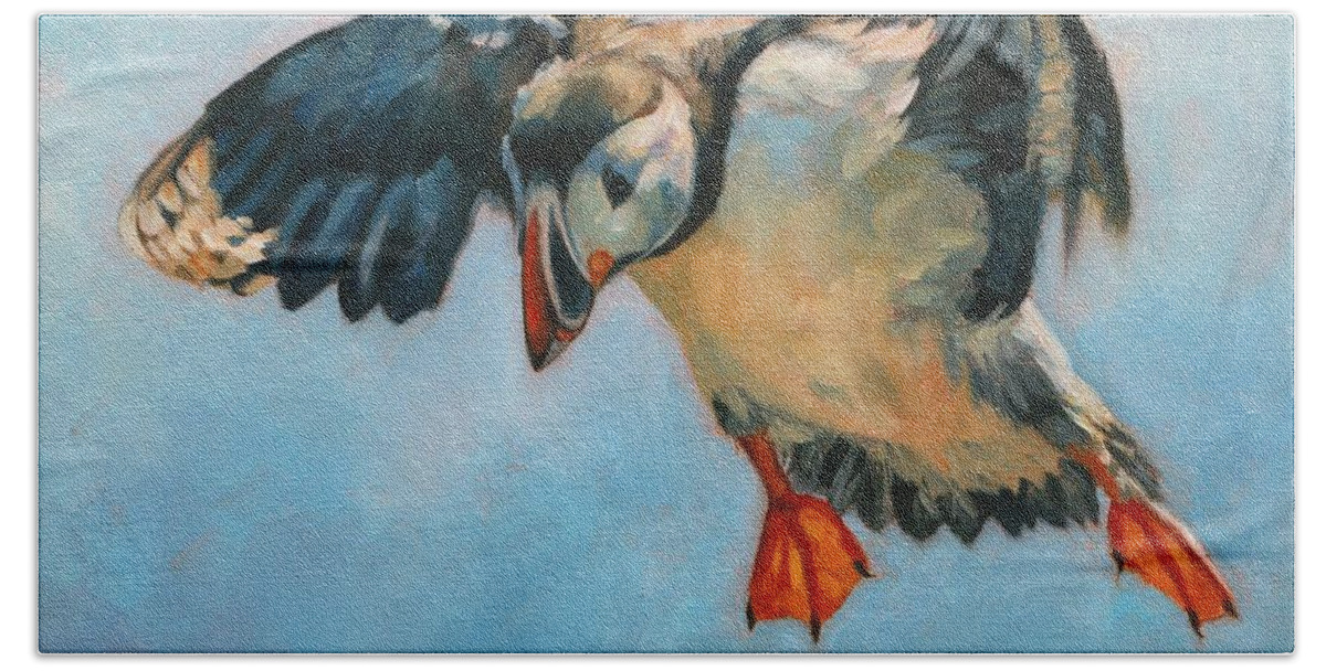 Puffin Hand Towel featuring the painting Puffin by David Stribbling