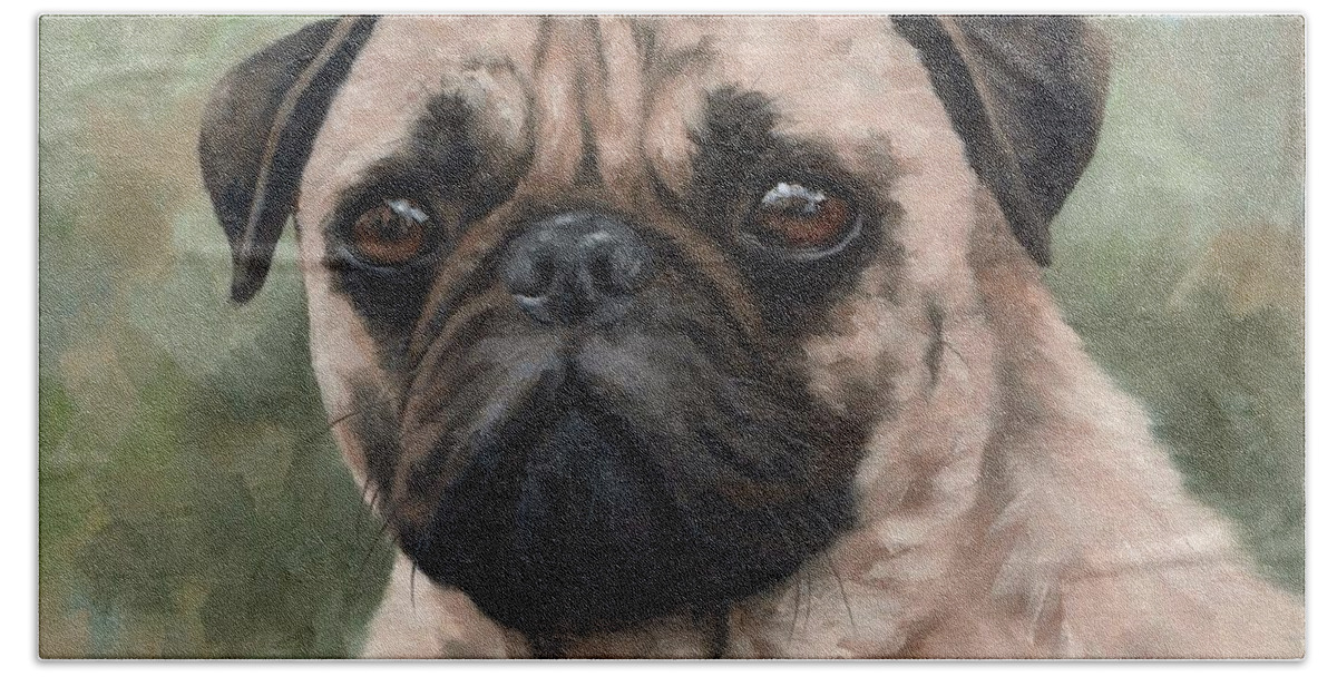 Pug Hand Towel featuring the painting Pug Portrait Painting by Rachel Stribbling