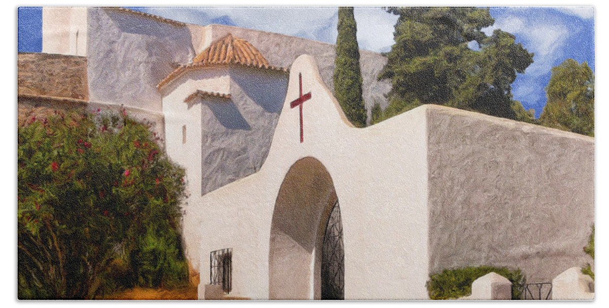 Puig De Missa Bath Towel featuring the painting Puig de Missa Church Ibiza by Dominic Piperata