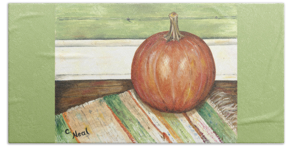 Pumpkin Hand Towel featuring the painting Pumpkin on a Rag Rug by Carol Neal