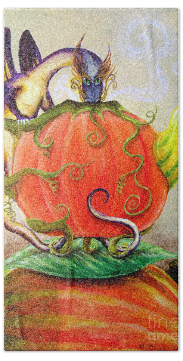 Dragon Hand Towel featuring the painting Pumpkin Tea Dragon by Michelle Bien