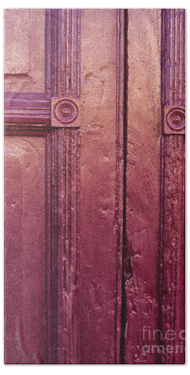 Ornate Bath Towel featuring the photograph Purple doors by John Harmon
