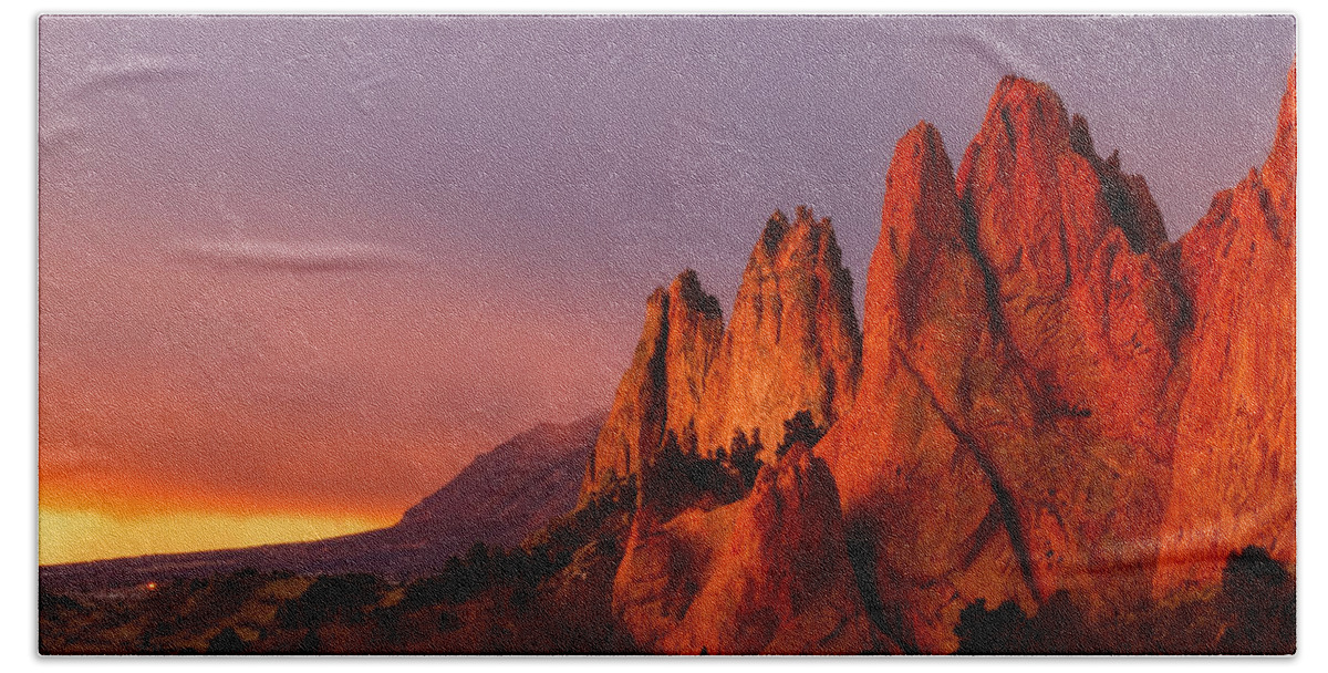 Garden Of The Gods Hand Towel featuring the photograph Purple Morning at Garden of the Gods by Ronda Kimbrow