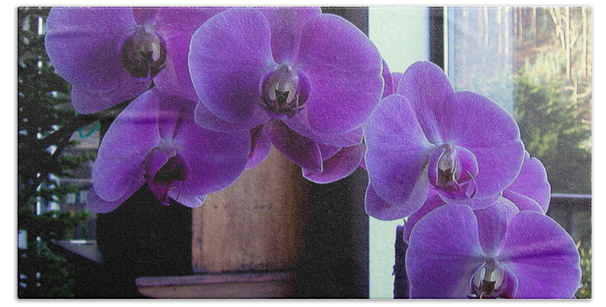 Flowers Bath Towel featuring the photograph Purple Orchid by AJ Schibig