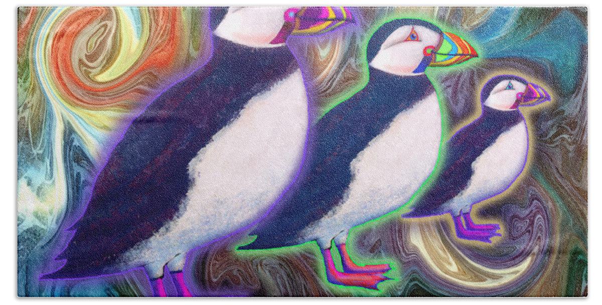 Puffins Bath Towel featuring the mixed media Purple Puffins by Teresa Ascone