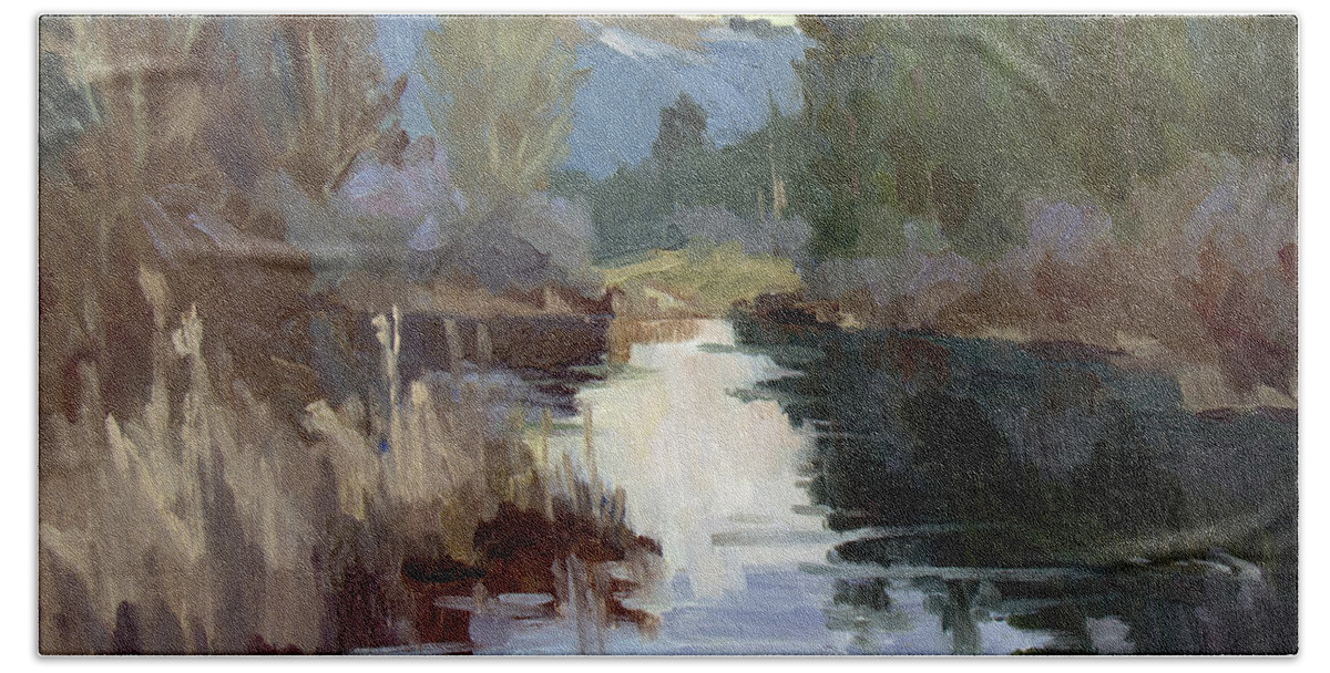 Quiet Reflections Bath Towel featuring the painting Quiet Reflections at Harry's Pond by Diane McClary