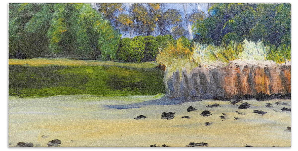 Impressionist Bath Sheet featuring the painting Quiet Sand by the Creek by Pamela Meredith