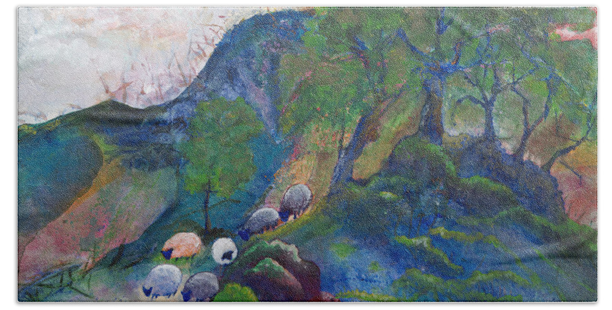 Sheep Bath Towel featuring the painting Quiller's Sheep by Ginny Neece