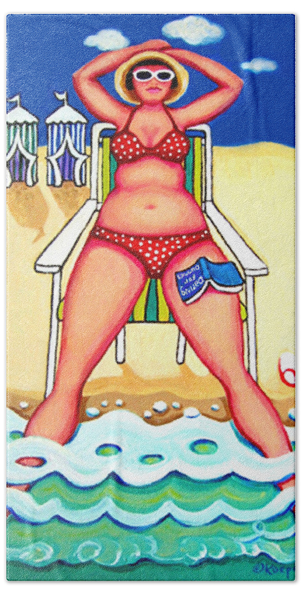 Whimsical Beach Hand Towel featuring the painting R and D - Woman on Beach by Rebecca Korpita